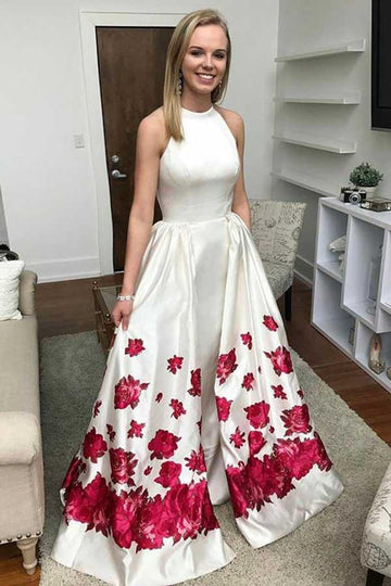 Halter Ivory White Printed Satin Prom Dress with Pockets JTA6211