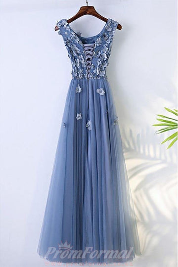 A Line Dusty Blue Flowy Prom Dress Long With Flower Petals JTA6311