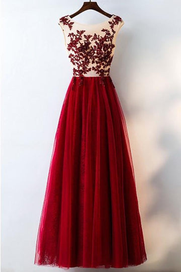 A Line Burgundy Tulle Lace Prom Dress JTA6321