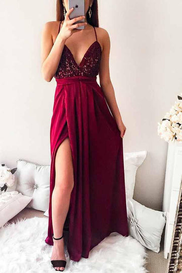 Sequins Spaghetti Straps Burgundy Long Party Dress JTA6451