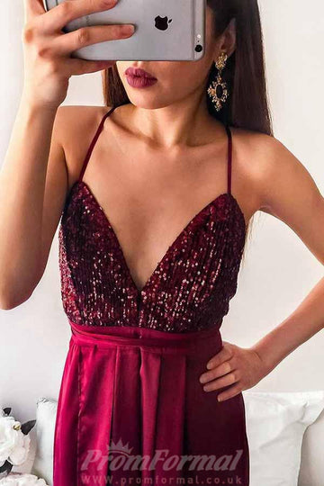 Sequins Spaghetti Straps Burgundy Long Party Dress JTA6451