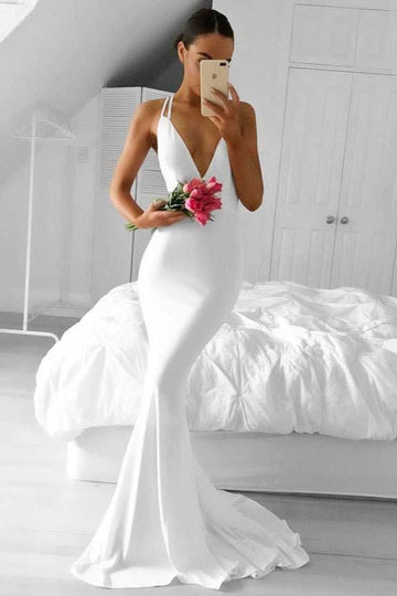 Sexy Mermaid Deep V Neck White Satin Prom Dress JTA6491