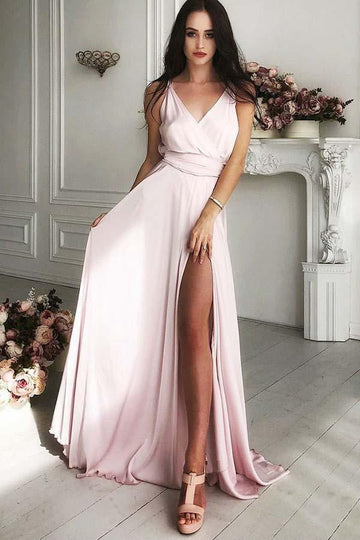 Sexy A Line V Neck Pink Satin Evening Dress with Split JTA6571