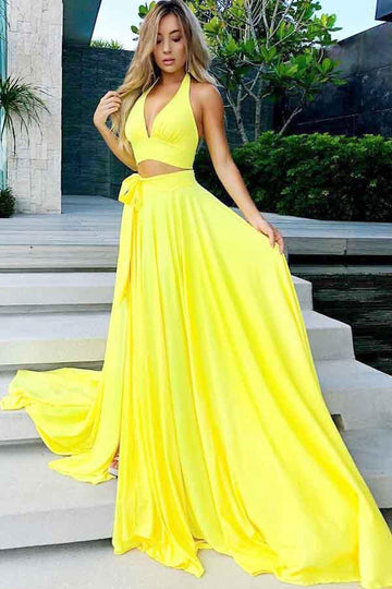 Two Piece V Neck Yellow Satin Prom Party Dress with Split JTA6591