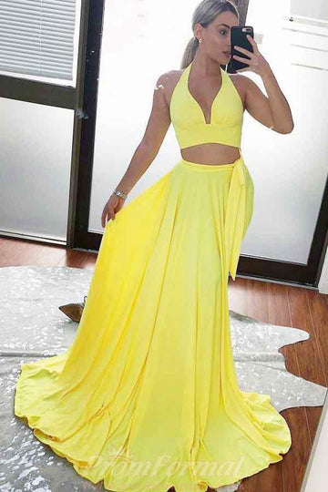 Two Piece V Neck Yellow Satin Prom Party Dress with Split JTA6591