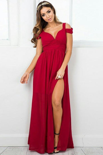 A Line V Neck Dark Red Chiffon Prom Dress with Split JTA6611