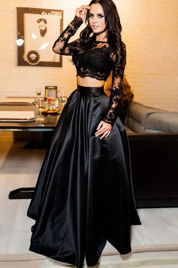 Two Piece Long Sleeve Black Prom Dress with Appliques JTA6621