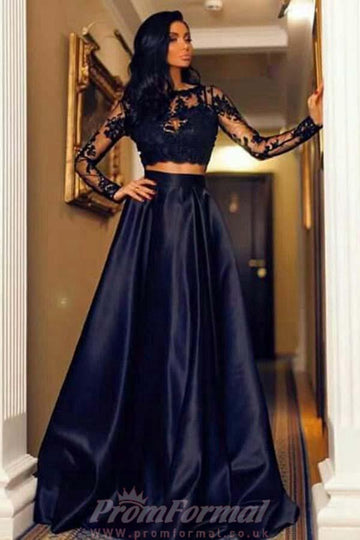 Two Piece Long Sleeve Black Prom Dress with Appliques JTA6621