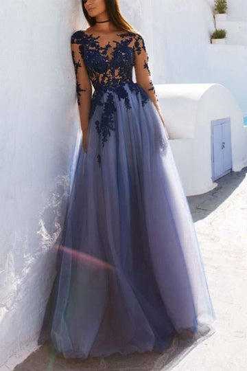 Long Sleeves Blue Lace Open Back Prom Dress JTA6631