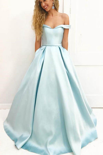 A Line Off The Shoulder Light Blue Satin Prom Dress with Pockets JTA6641
