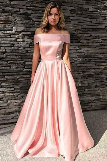 A Line Off The Shoulder Pink Satin Prom Dress with Pockets JTA6681