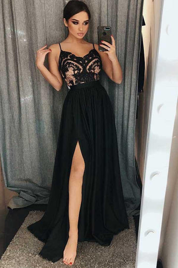 A Line Spaghetti Straps Black Satin Prom Dress with Lace Split JTA6691