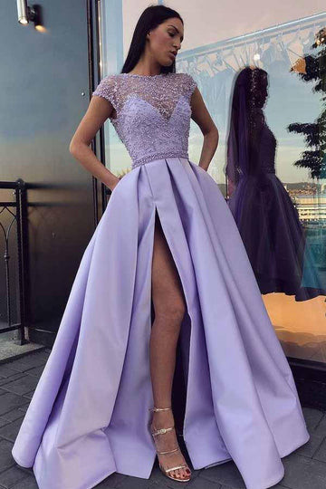 Lavender Purple Satin Split Beading Prom Dress JTA6721