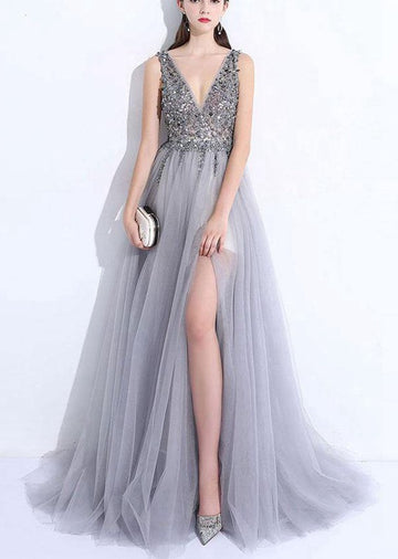 Sexy Silver Gray V Neck Tulle Split Beading Evening Dress JTA6741