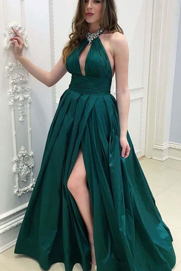 A Line Halter Dark Green Prom Dress With Beading JTA6751