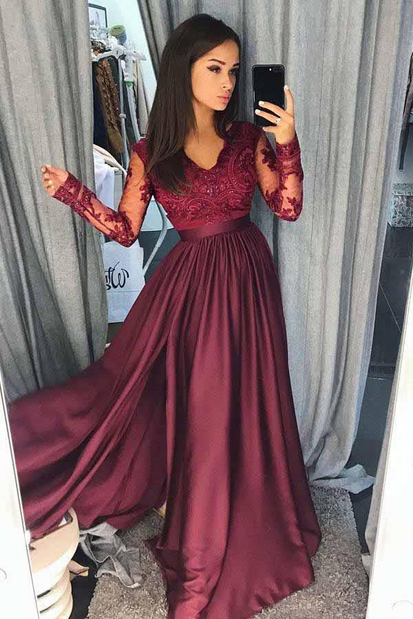A Line V Neck Long Sleeves Split Burgundy Satin Prom Dress with Appliq