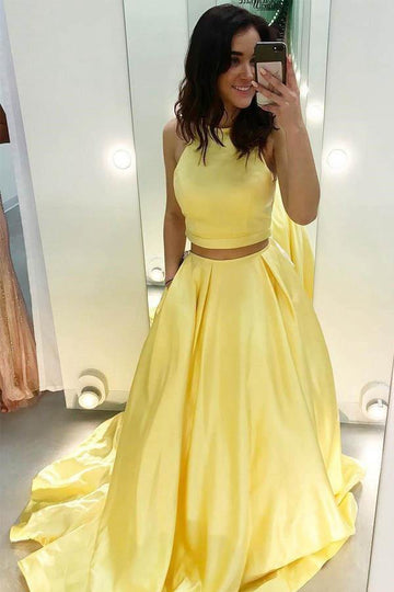 Two Piece Yellow Satin Formal Halter Prom Dress JTA6781