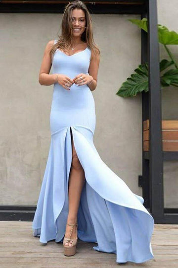 Mermaid Blue Satin Evening Dress with Split JTA6801