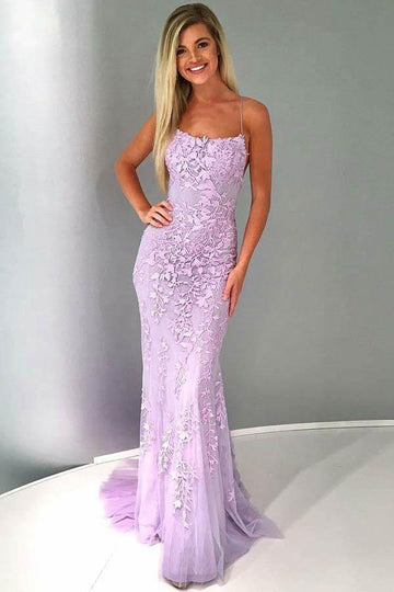 Mermaid Spaghetti Straps Lilac Lace Prom Evening Dress with Appliques JTA6831