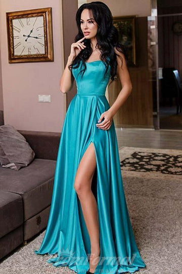 A Line Straps Sexy Split Turquoise Satin Prom Dress JTA6841