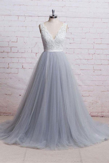 Princess V Neck Gray Lace Tulle Skirt Prom Dress JTA6851
