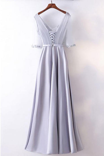 Silver Satin V Neck Sleeves Prom Dress JTA6911