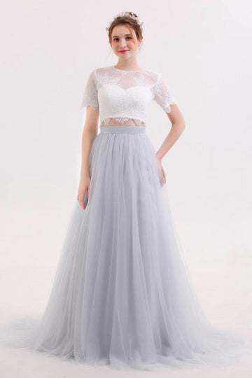 Two Piece V Neck Tulle Grey Prom Dress JTA6921