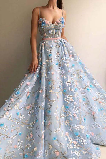Princess Spaghetti Strap Flower Applique Sky Blue Prom Dress JTA6941