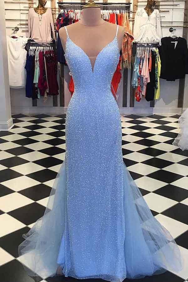 Straps Light Blue Mermaid Beaded Prom Dress JTA6951 Straps Light Blue Mermaid Beaded Prom Dress JTA6951