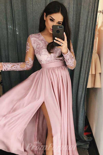 A Line V Neck Long Sleeves Blush Pink Satin Prom Dress JTA6991