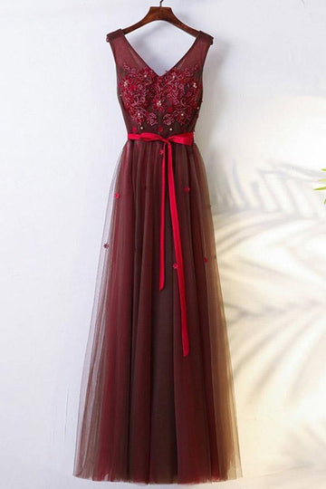A Line V Neck Burgundy Tulle Prom Dress with Appliques JTA7021