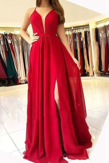Chiffon Red Halter Side Slit Evening  Dress JTA7081