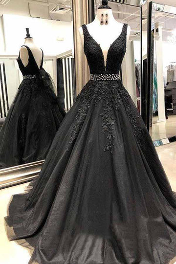 Princess V Neck Black Lace Long Prom Dress with Beading JTA7131