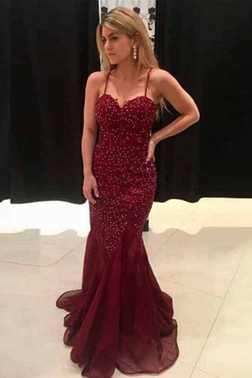 Mermaid Sweetheart Lace Beading Burgundy Prom Dress JTA7151