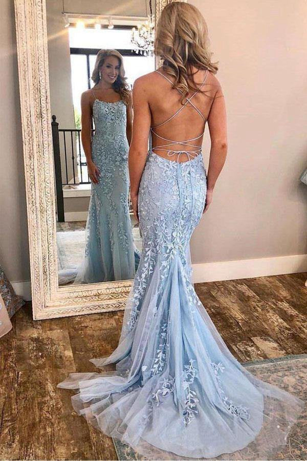 Lace Evening Dresses Uk Mermaid Spaghetti Straps Light Blue