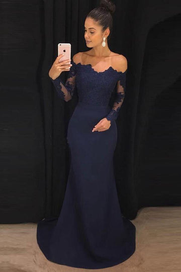 Long Sleeves Mermaid Navy Blue Off The Shoulder Prom Dress JTA7231