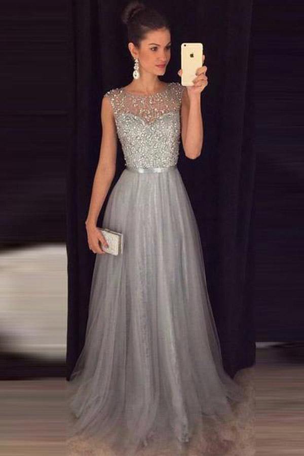 Sparkly A Line Open Back Grey Beaded Prom Dress JTA7321 Sparkly A Line Open Back Grey Beaded Prom Dress JTA7321