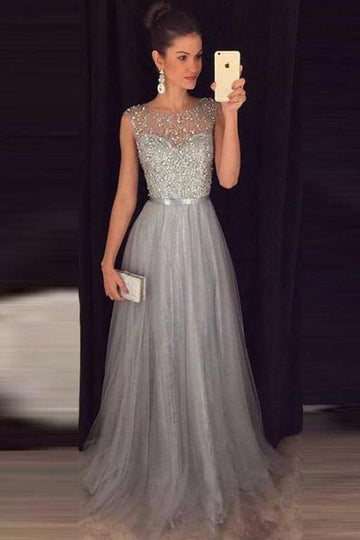 Sparkly A Line Open Back Grey Beaded Prom Dress JTA7321