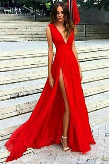 Sexy Red Split Deep V Neck Chiffon Evening Formal Dress JTA7331