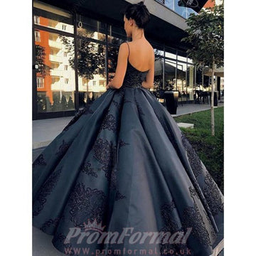Ball Gown Black Straps Prom Dress With Lace Applique JTA7351