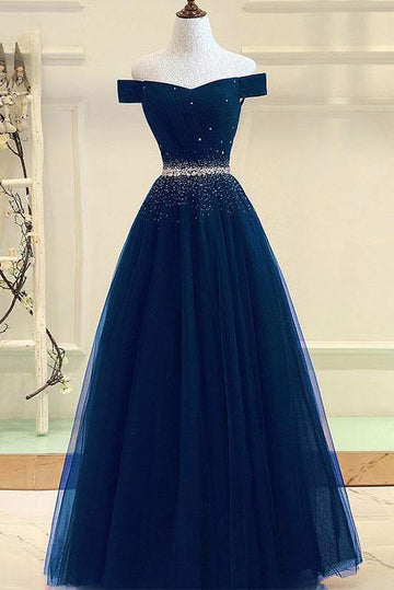 A Line Off The Shoulder Navy Blue Tulle Prom Dress With Beading JTA7371