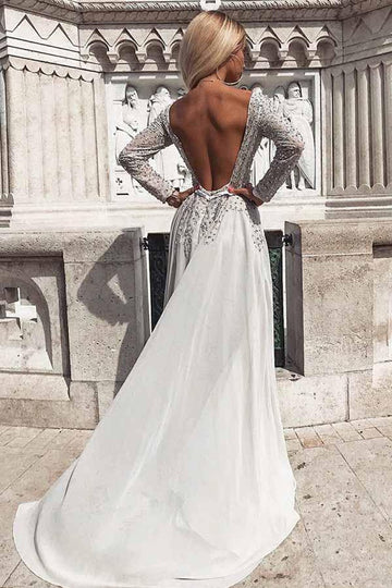 Grey Silver Long Sleeve Beading Prom Dress JTA7391