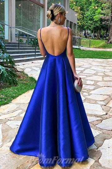 A Line Spaghetti Straps Royal Blue Satin Prom Dress JTA7401