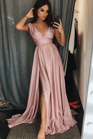 A Line V Neck Sleeves Pink Satin Evening Dress with Split JTA7441