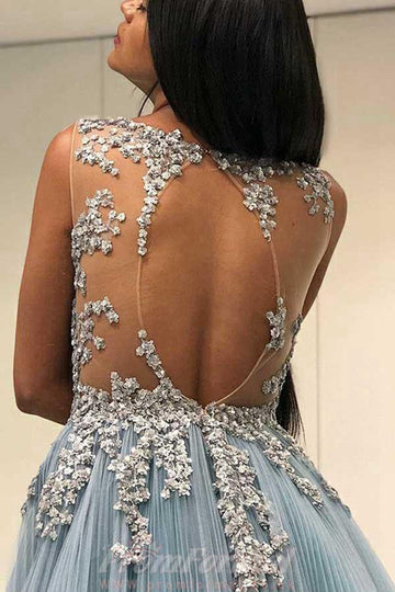 A Line Dusty Blue Prom Dress with Appliques JTA7471