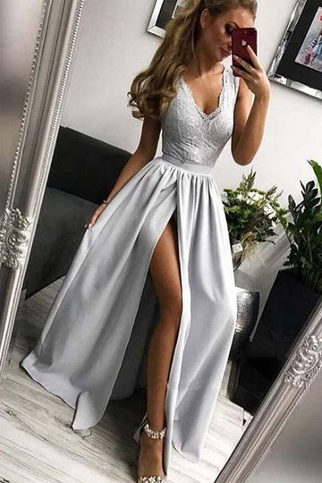 Sexy A Line V Neck Split Light Silver Grey Prom Dress JTA7511