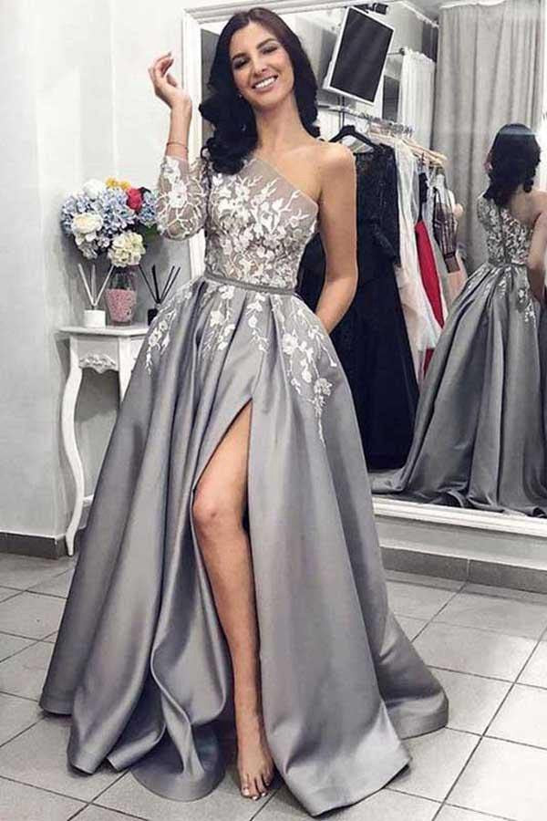 One Shoulder Long Sleeves Silver Grey Satin Split Prom Dress with Pock