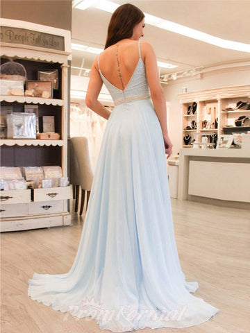 V Neck Straps Light Blue Prom Dress with Beading JTA75511