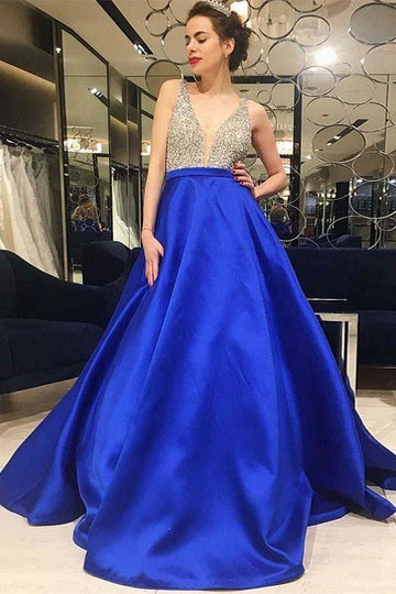 A Line V Neck Royal Blue Satin Prom Dress with Beading JTA7581