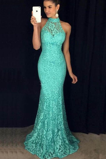 Turquoise Mermaid Halter Lace Evening Dress JTA7661